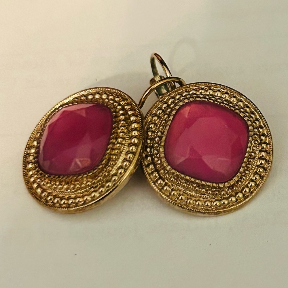 Gold-Tone Drop Earrings with Pink Glass Accents